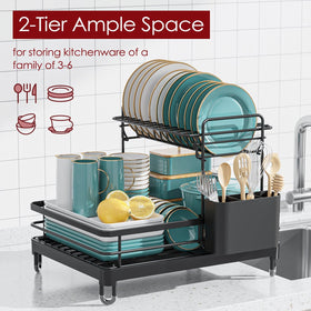 Sakugi dish drying rack top tier keeps plates neatly organized after washing