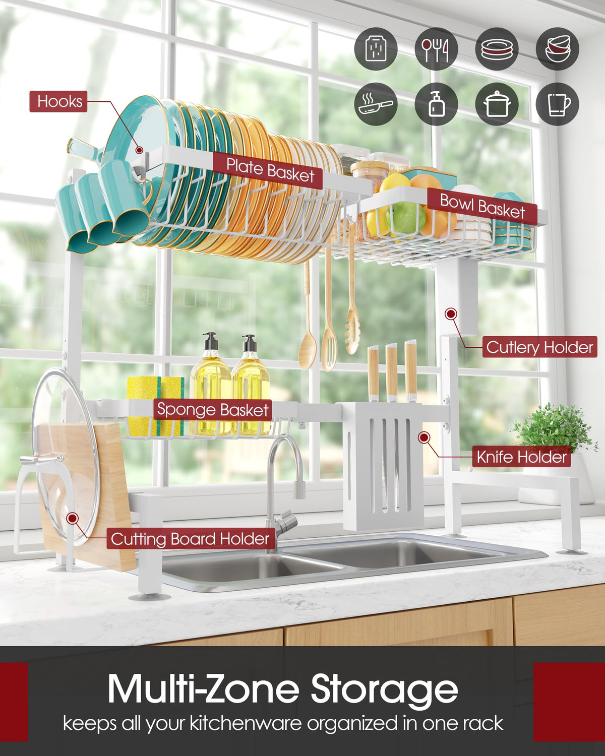 Sakugi dish drying rack with utensil holder mounted over the sink.