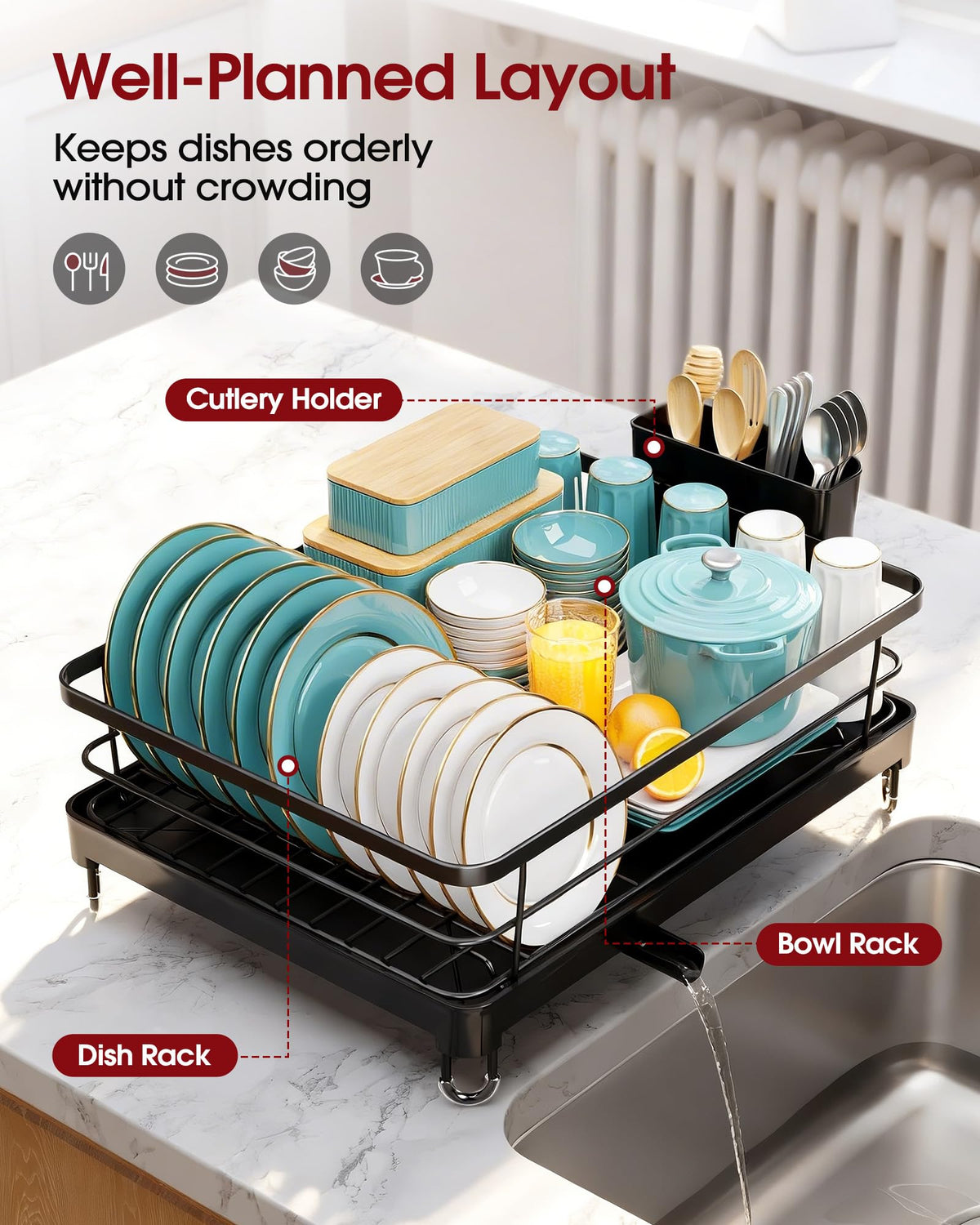 Sakugi black finish dish rack with removable cutlery holder.
