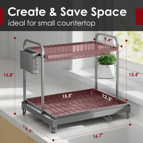 Sakugi dish drying rack with drainboard drains water into sink, reducing countertop mess.