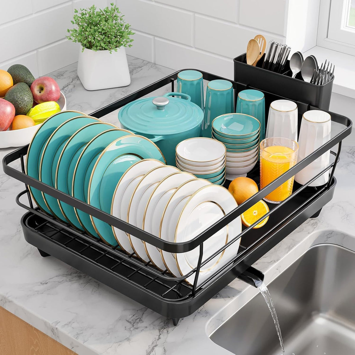 Sakugi dish drying rack with compact design saves counter space for plates.