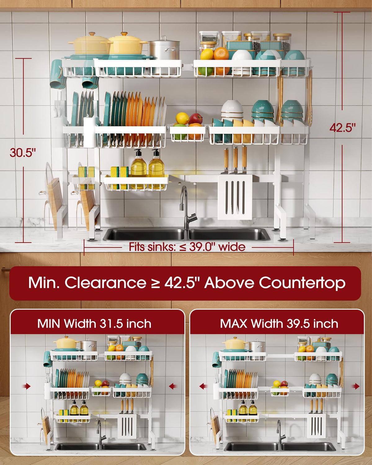 Sakugi dish rack with knife and cutting board holders for organized kitchen prep.