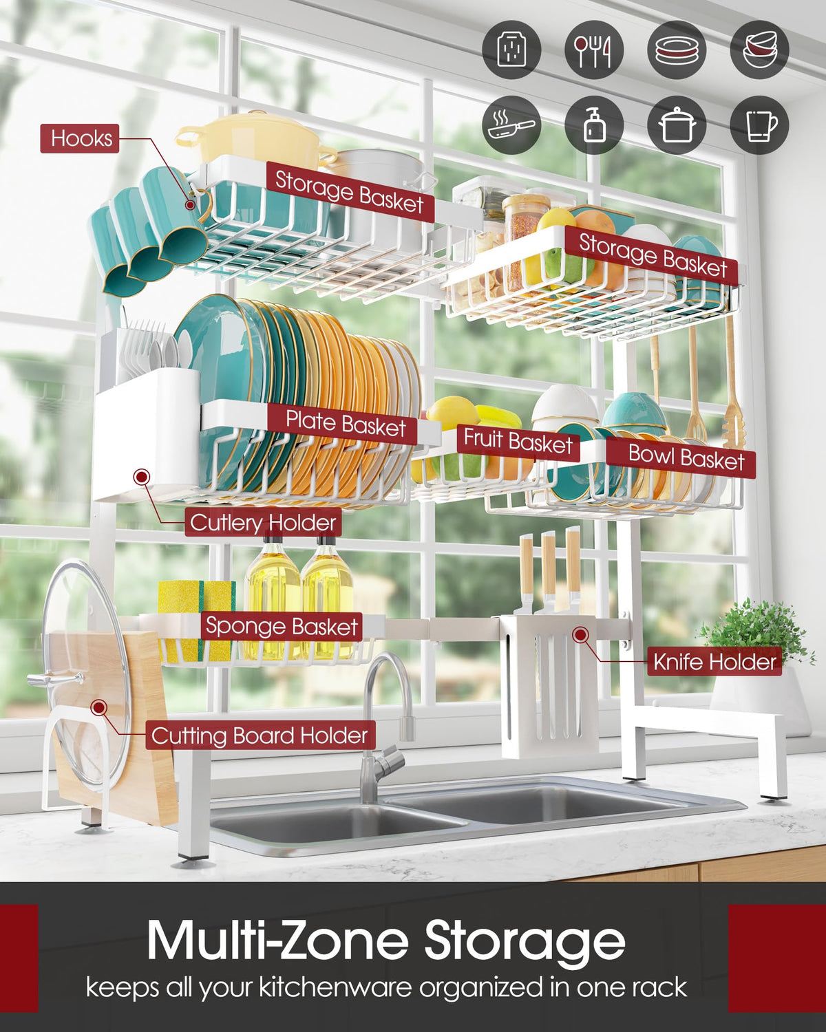 Sakugi dish rack featuring utensil holder for easy access.