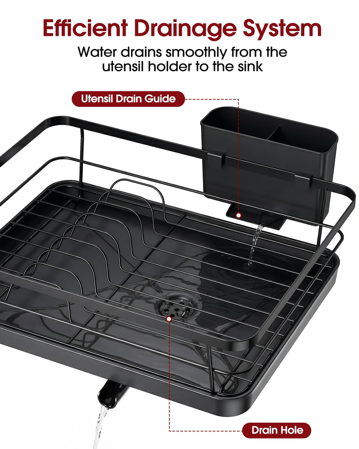 Sakugi rack with water drainage keeps countertops dry after washing.
