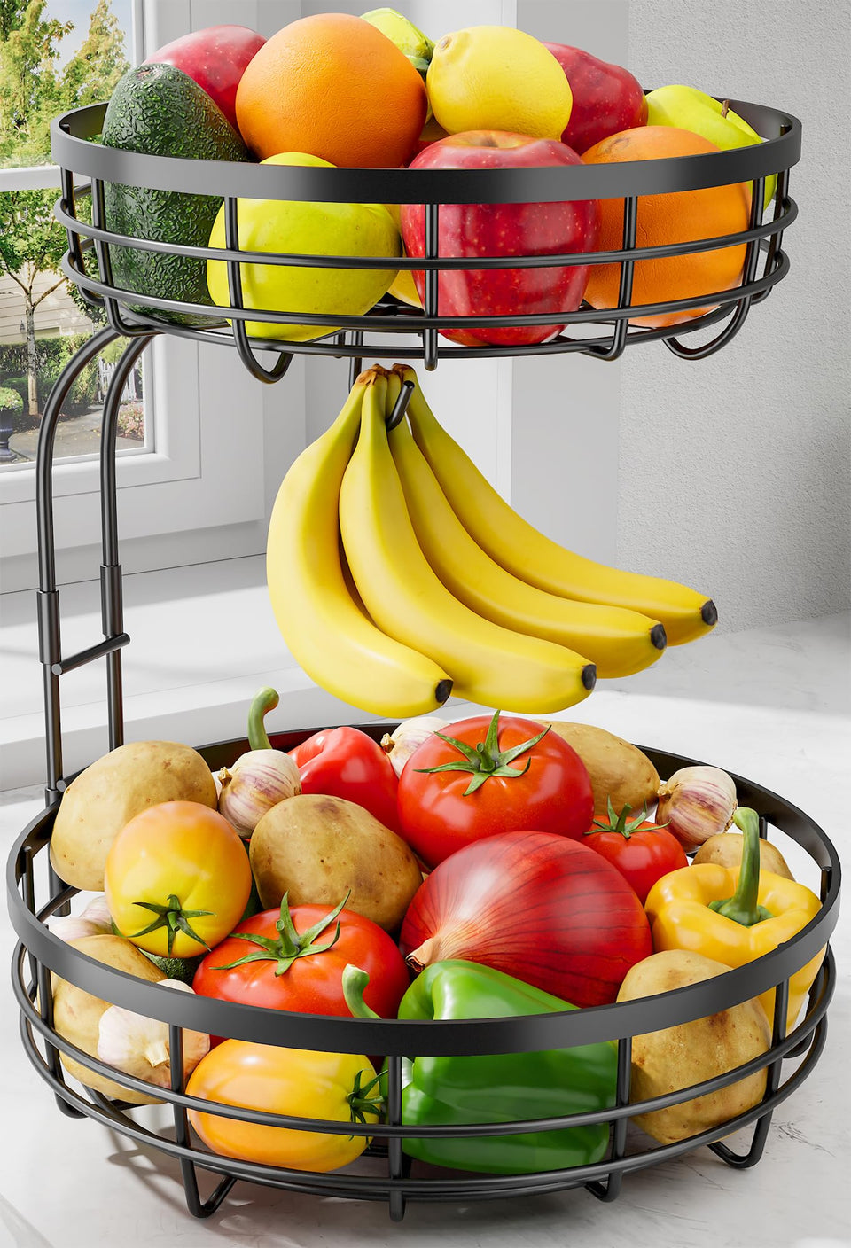Sakugi fruit basket upper tier keeps fresh produce organized on the counter for easy access.