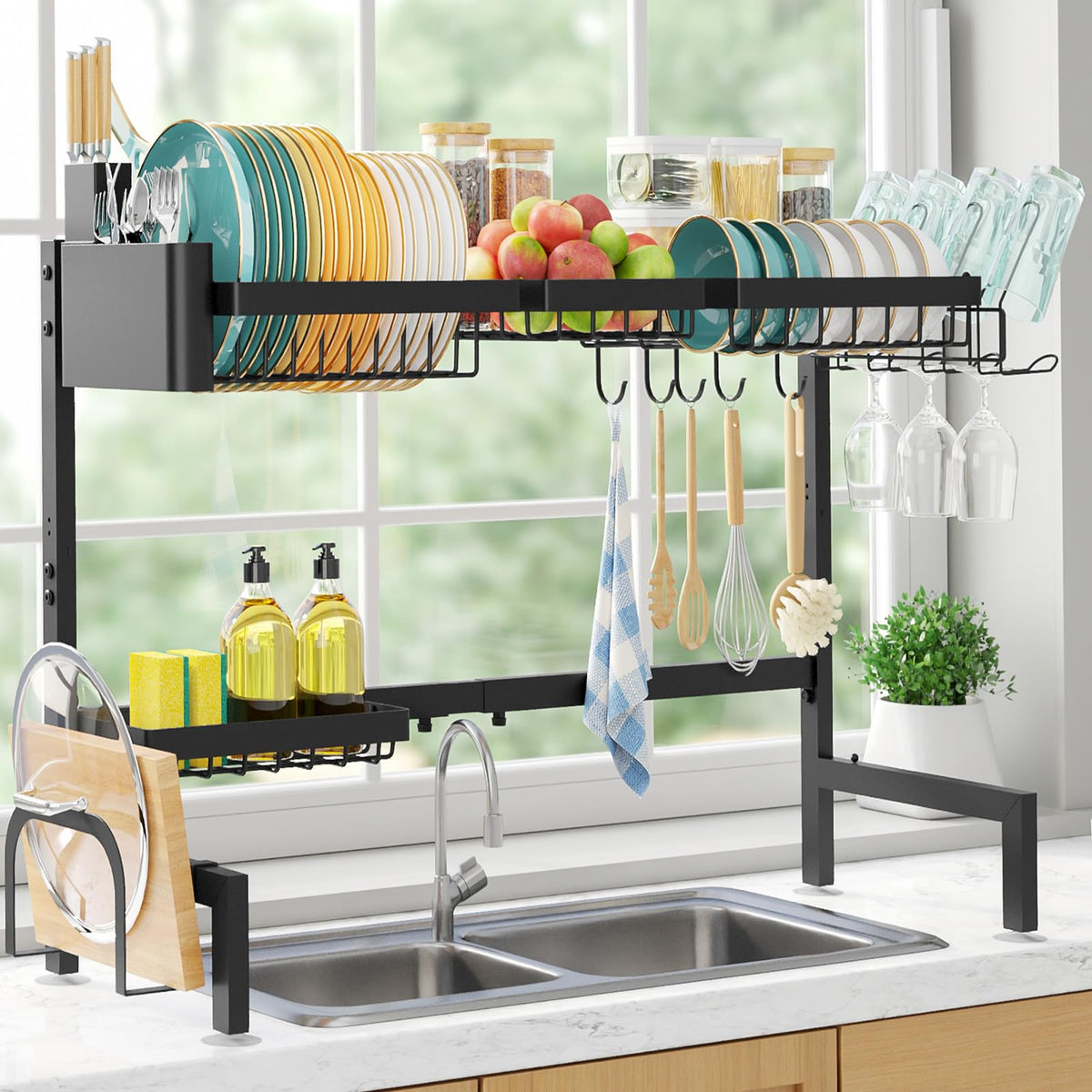 Sakugi over-the-sink dish drying rack, 2-tier design, saves counter space and drains directly into the sink.