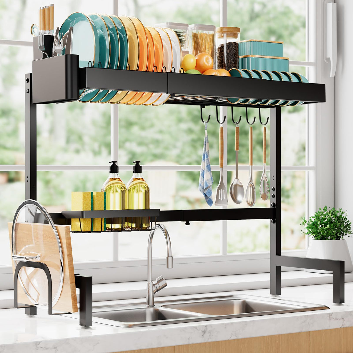 Sakugi over-sink dish drying rack extended to fit larger sinks for extra space.