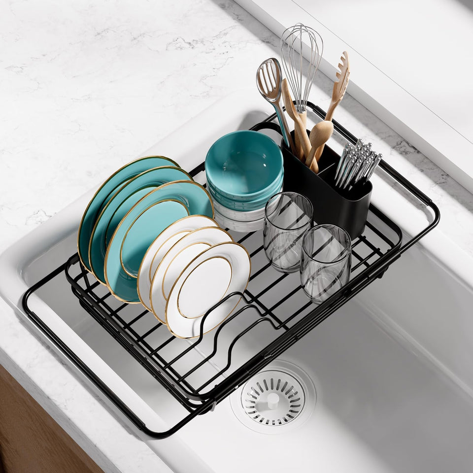 Sakugi over-sink dish drying rack saves counter space while drying dishes.