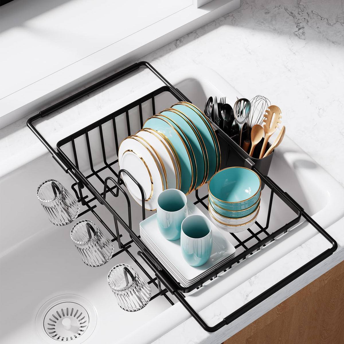 Sakugi over-sink dish drying rack saves counter space while drying dishes over the sink