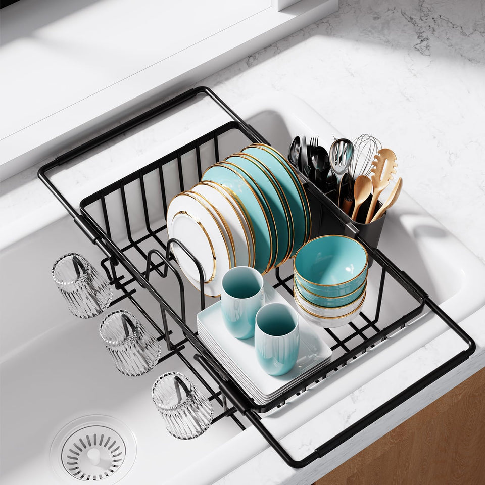 Sakugi over-sink dish drying rack saves counter space while drying dishes over the sink