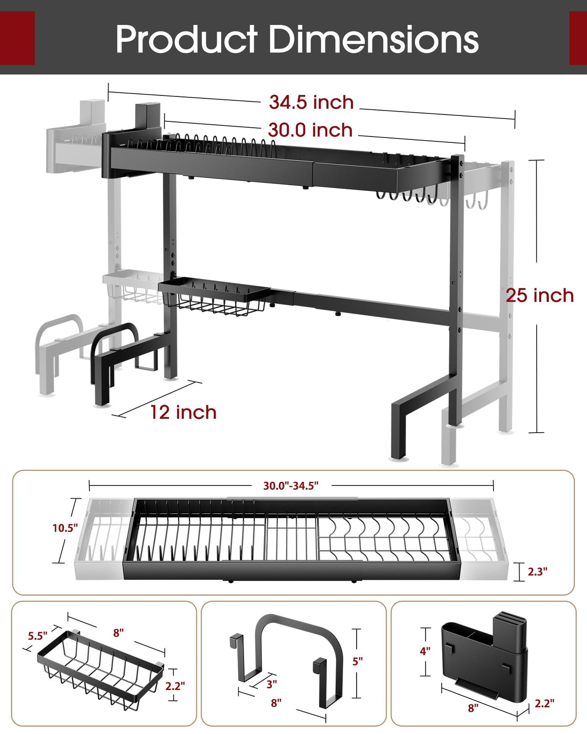 Sakugi space-saving over-sink rack helps keep counters clear.