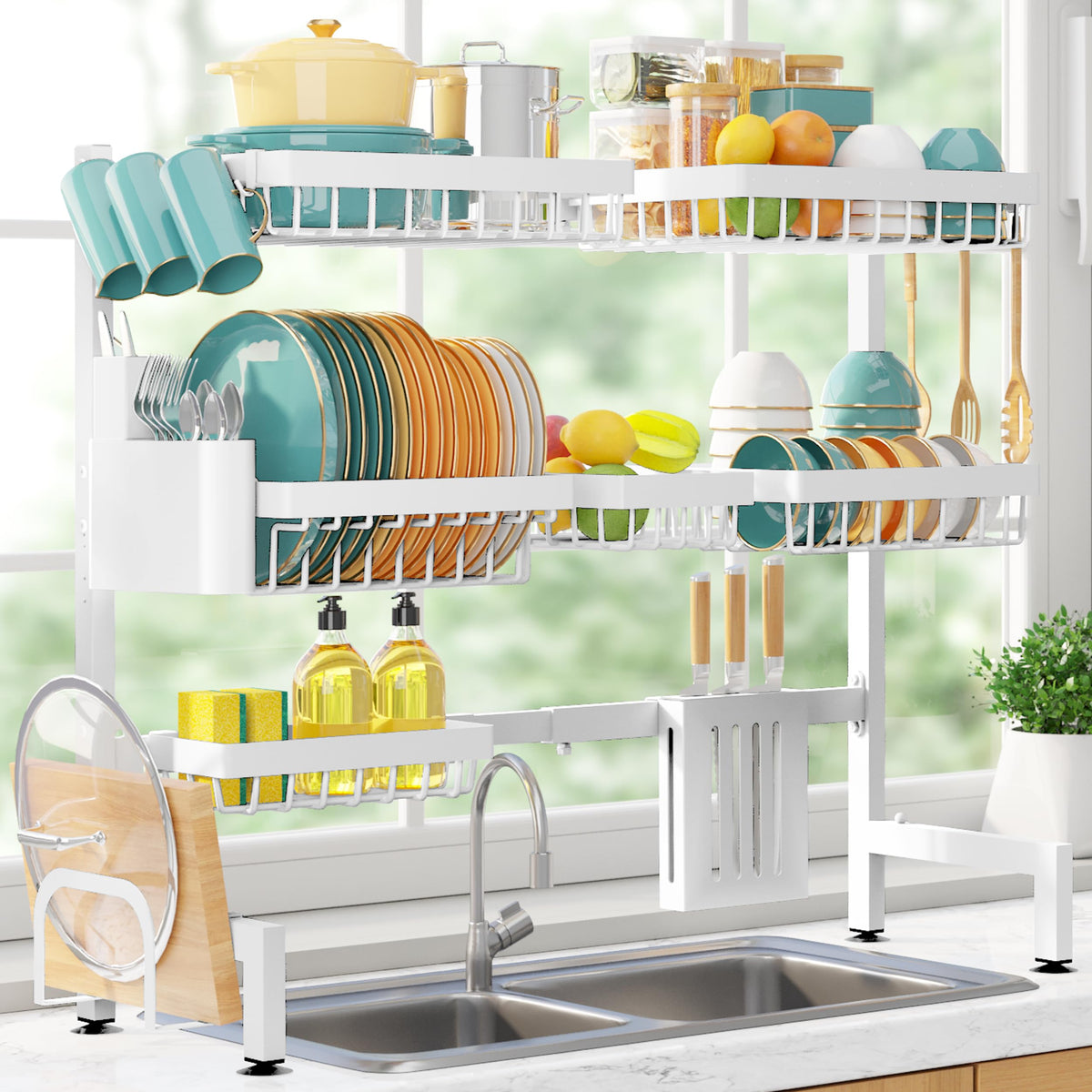 Sakugi over-the-sink dish rack with three tiers saving countertop space.