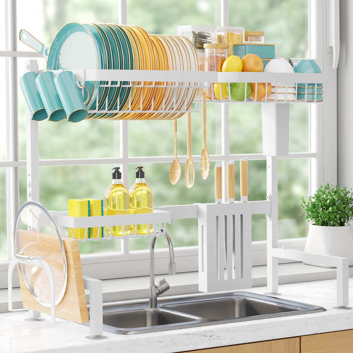 Sakugi over-the-sink dish drying rack assembly shows adjustable fit for different sinks.