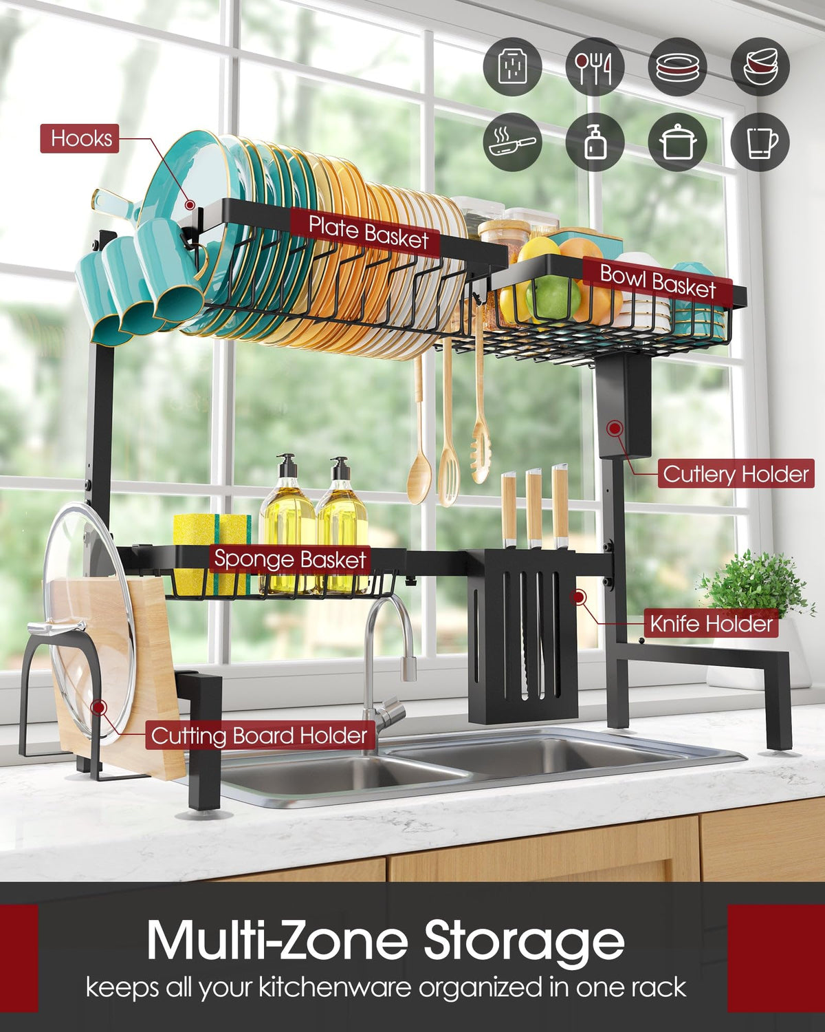 Sakugi over-the-sink rack side view shows compact footprint and adjustable fit.