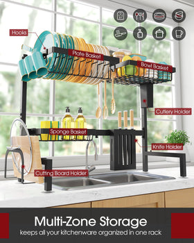 Sakugi over-the-sink rack side view shows compact footprint and adjustable fit.