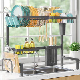 Sakugi over-the-sink dish drying rack shown with large capacity above the sink.