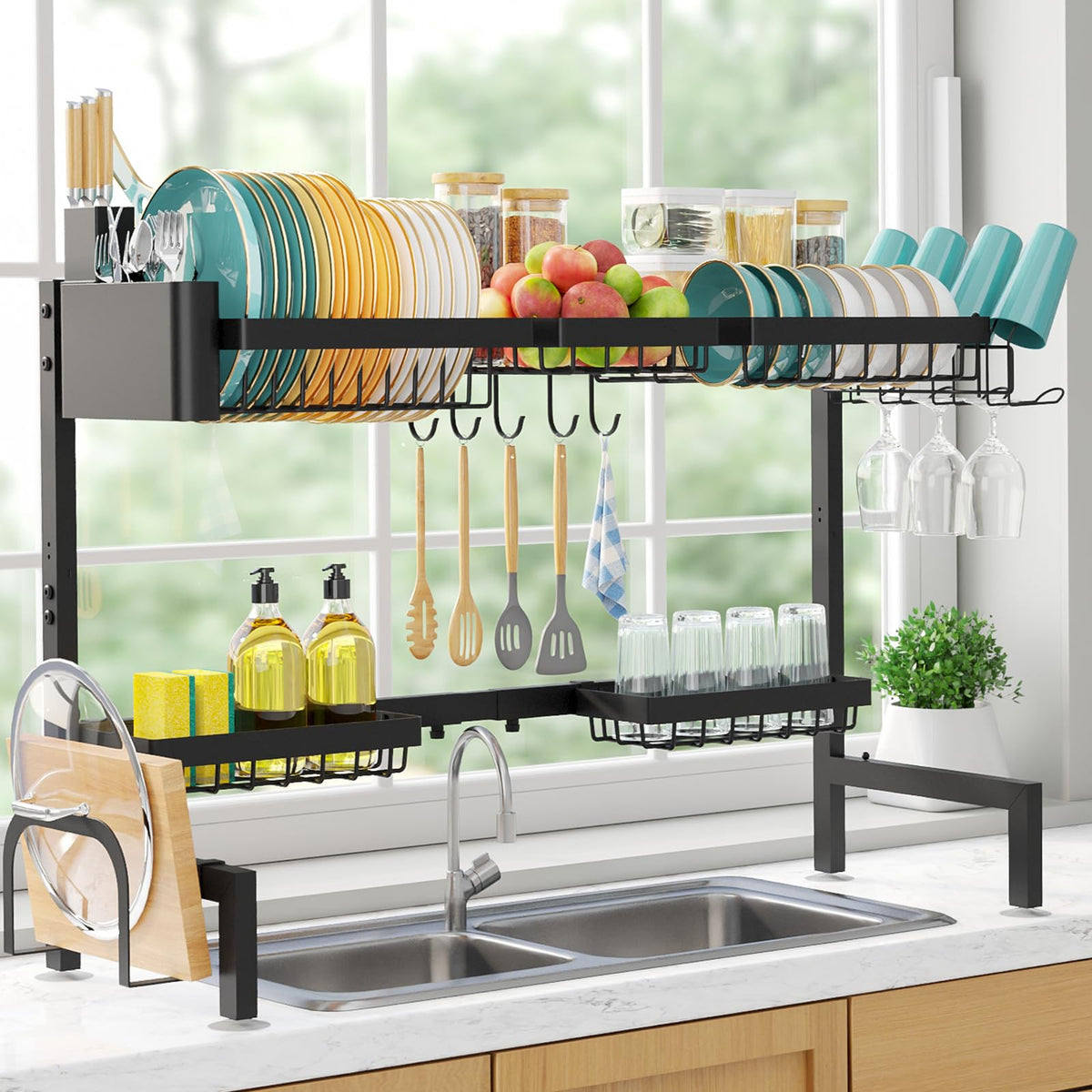Sakugi over-the-sink drying rack wide view: spacious storage over the sink for organized cleanup