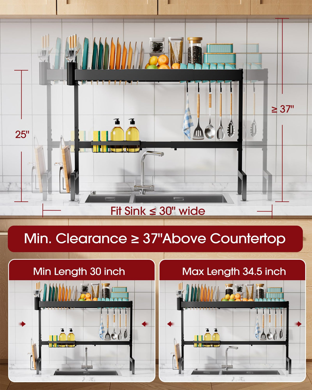 Sakugi rustproof black finish over-sink rack ready for daily use.