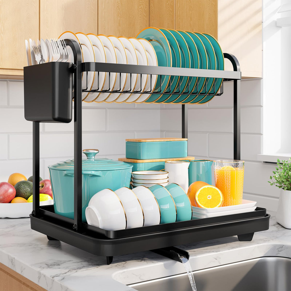 Sakugi two-tier dish drying rack front view showing compact kitchen organization