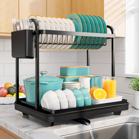 Sakugi two-tier dish drying rack front view showing compact kitchen organization