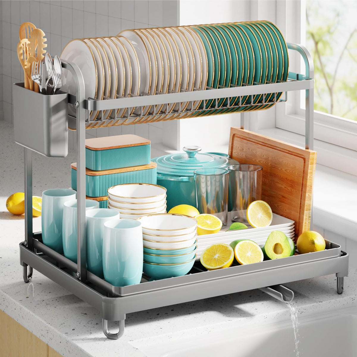 Sakugi two-tier dish drying rack with drainboard keeps counters organized and dries dishes efficiently.