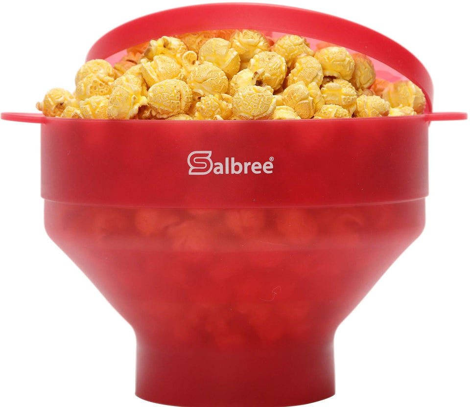 Salbree collapsible popcorn maker open, highlighting space-saving design for small kitchens.