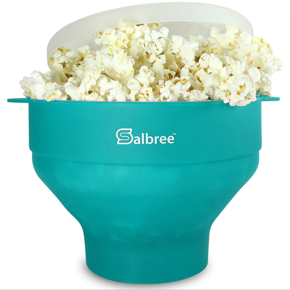 Salbree collapsible popcorn popper in aqua color for easy storage