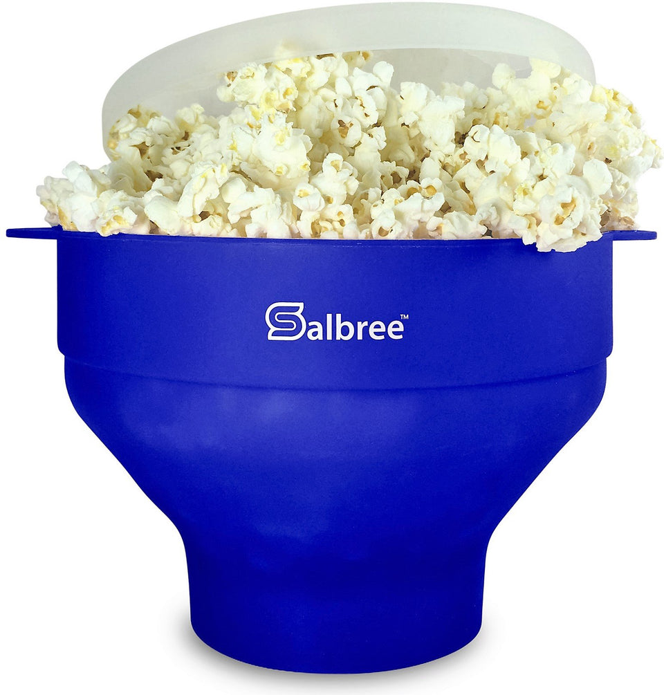 Salbree collapsible popcorn popper closed in blue shows compact storage and space-saving design.