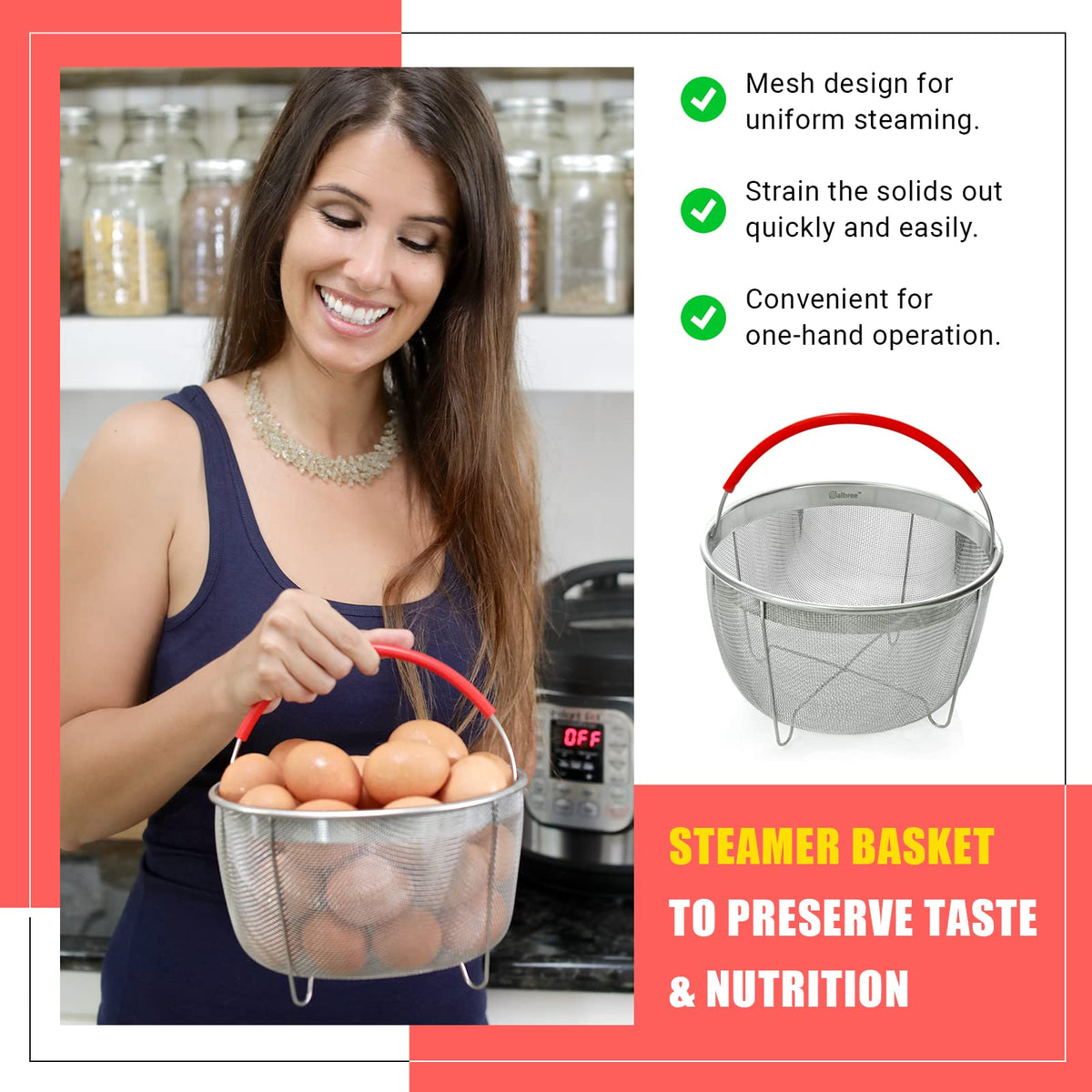 Salbree steamer basket fits 8 qt Instant Pot models for versatile steaming