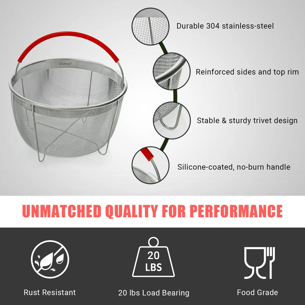 Salbree steamer basket with stainless steel construction and reinforced sides