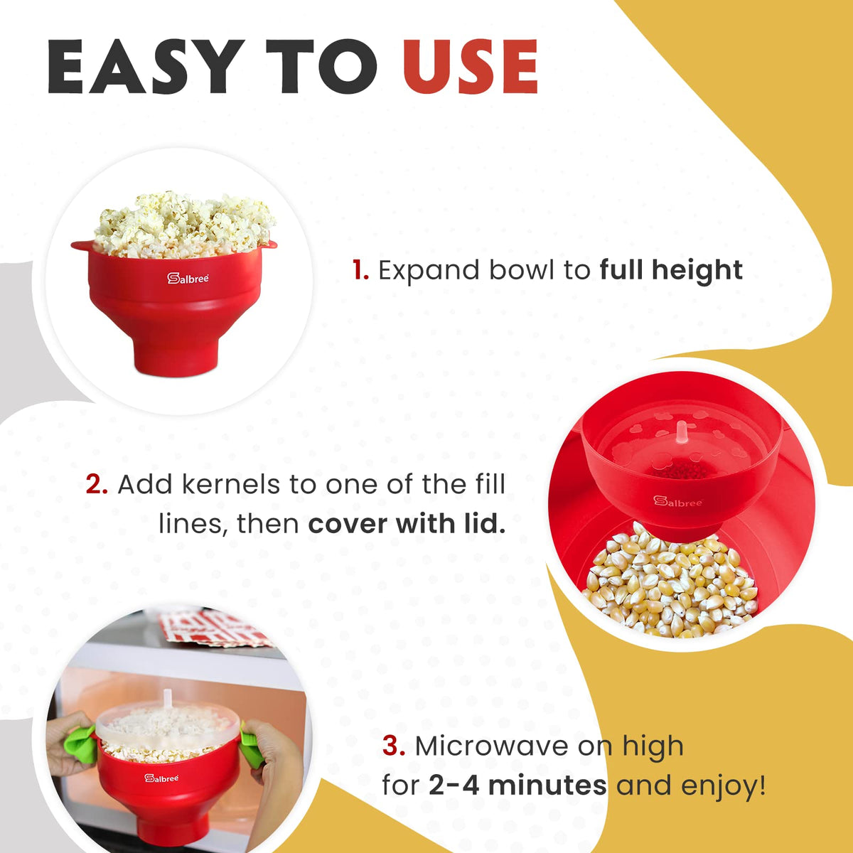 Salbree popcorn popper with built-in handles for easy microwave removal