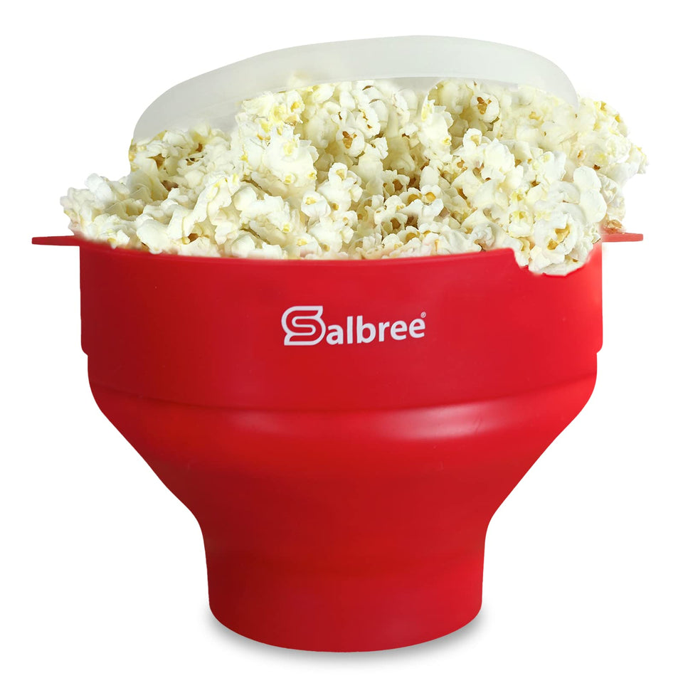Salbree popcorn popper in collapsible design for easy storage and quick snacking.