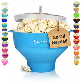 Salbree popcorn popper in turquoise, bowl closed for compact storage.