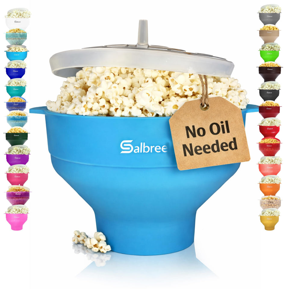 Salbree popcorn popper in turquoise, bowl closed for compact storage.