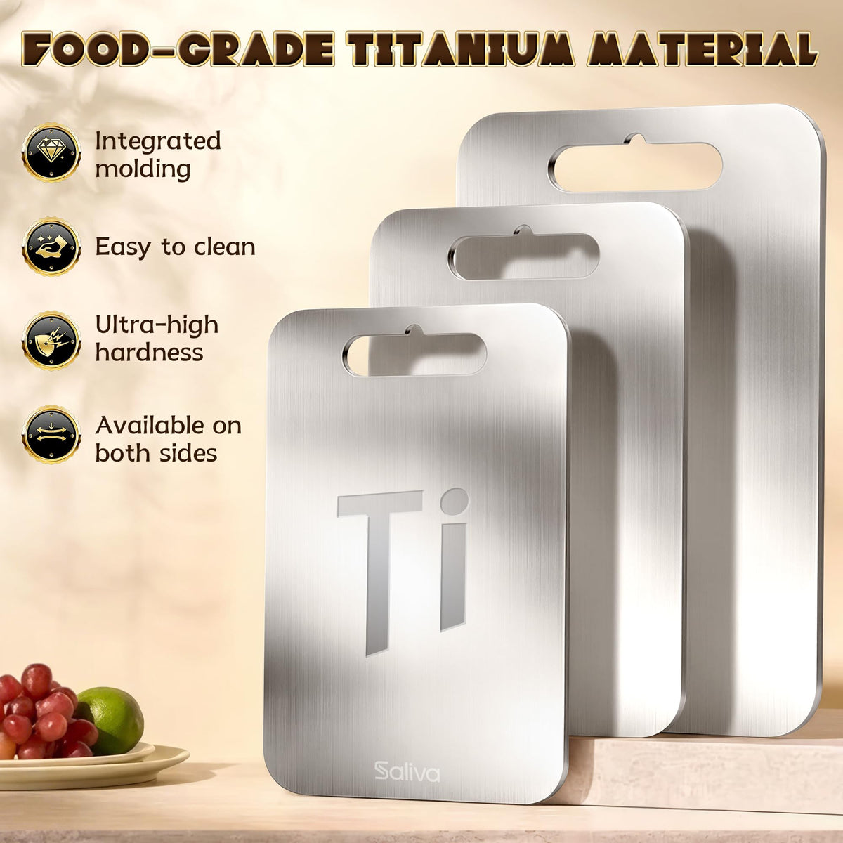 Saliva titanium cutting board 15x11 meat-prep in action with clean surface.