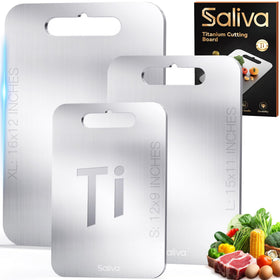 Saliva titanium cutting board 16x12 top view for clean, versatile kitchen prep.