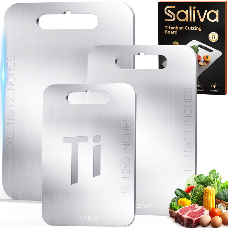 Saliva titanium cutting board 16x12 top view for clean, versatile kitchen prep.