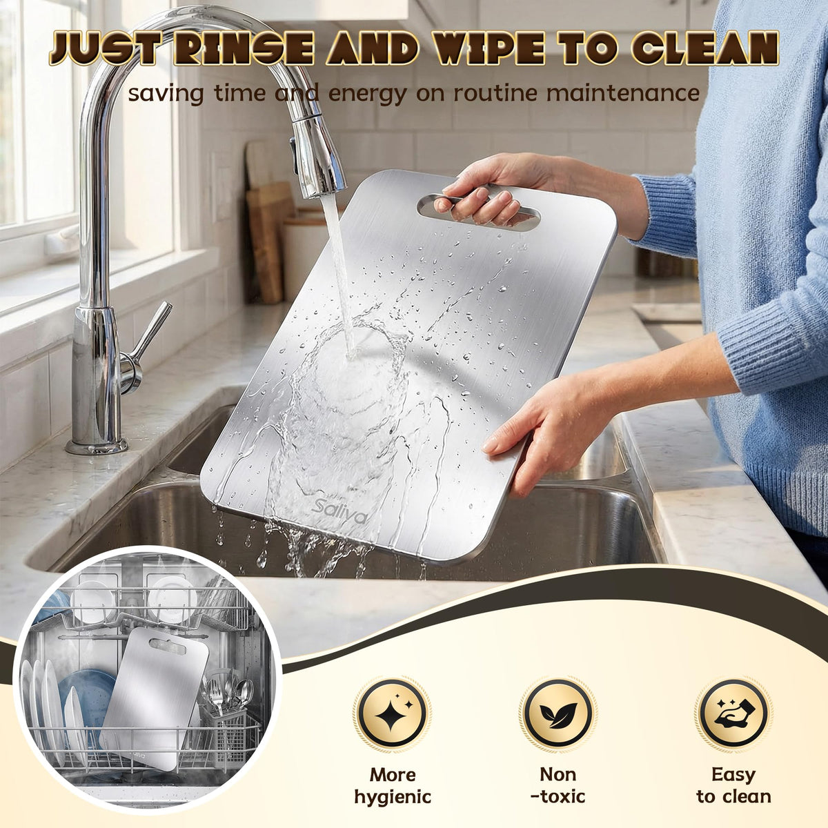 Saliva titanium cutting board dishwasher-safe feature for quick cleanup.