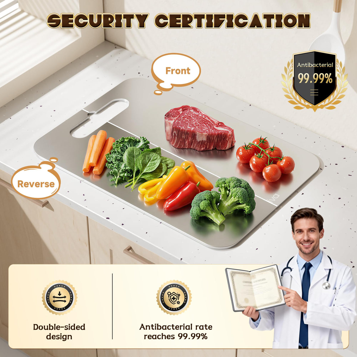 Saliva titanium cutting board double-sided partition keeps raw and cooked separate.