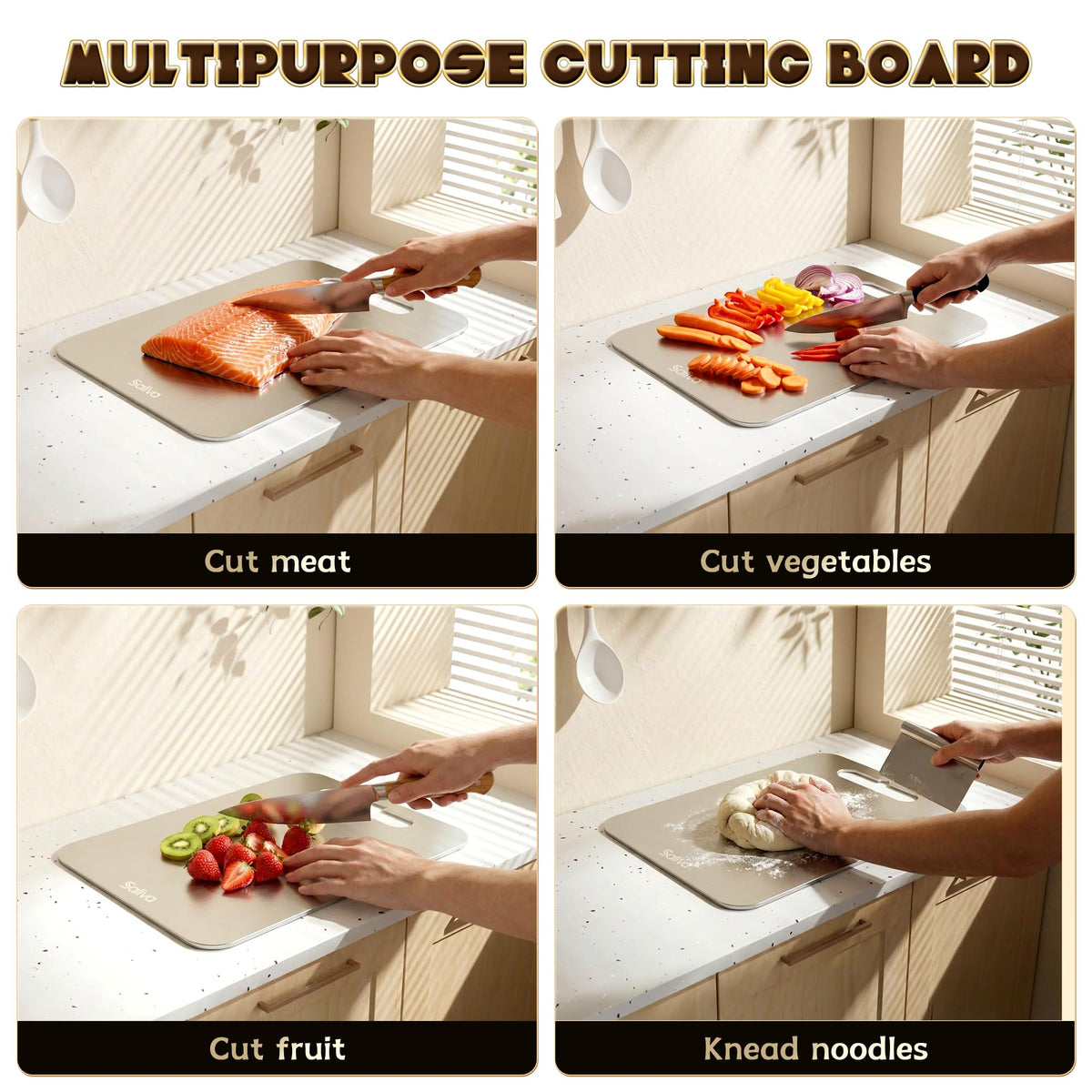 Saliva titanium cutting board durable one-piece construction resists cracking and moisture.