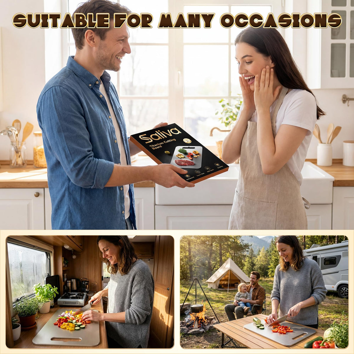 Saliva titanium cutting board ideal for outdoor camping and RV travel.
