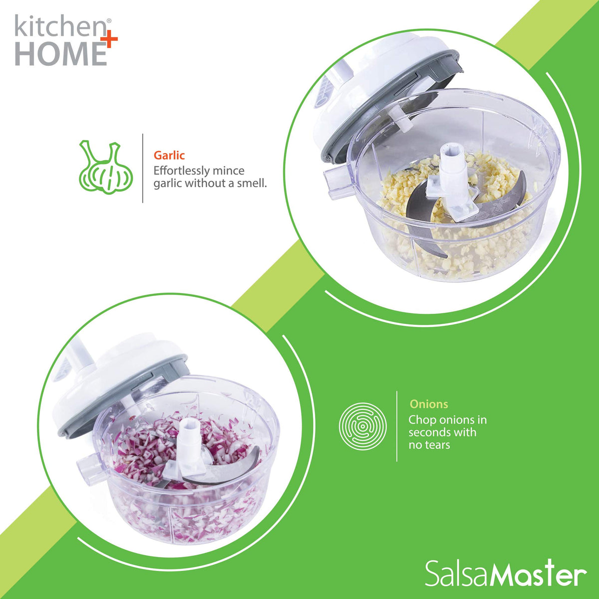 Salsa Master anti-skid base stabilizes manual chopping.