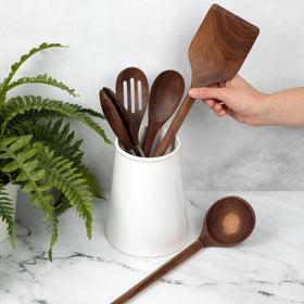 Salt & York walnut slotted spoon draining pasta without losing sauce.