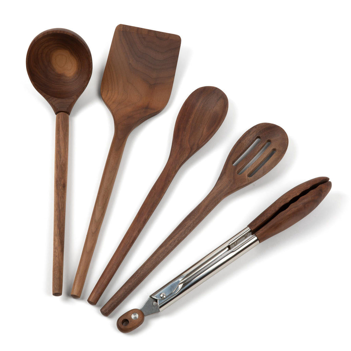 Salt & York walnut tongs ready to lift hot ingredients safely.