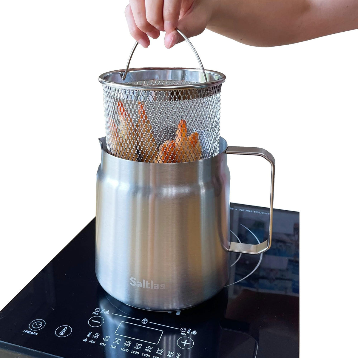 Saltlas deep fryer pot with basket for crispy fries at home.