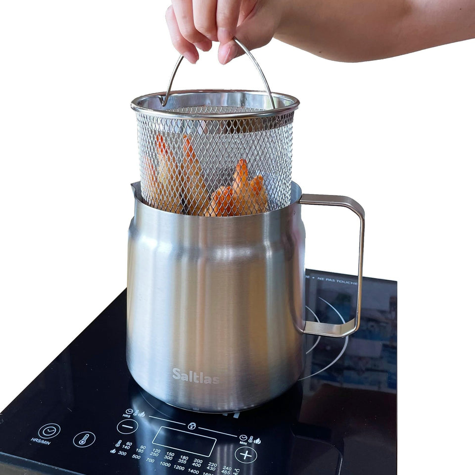 Saltlas deep fryer pot with basket for crispy fries at home.