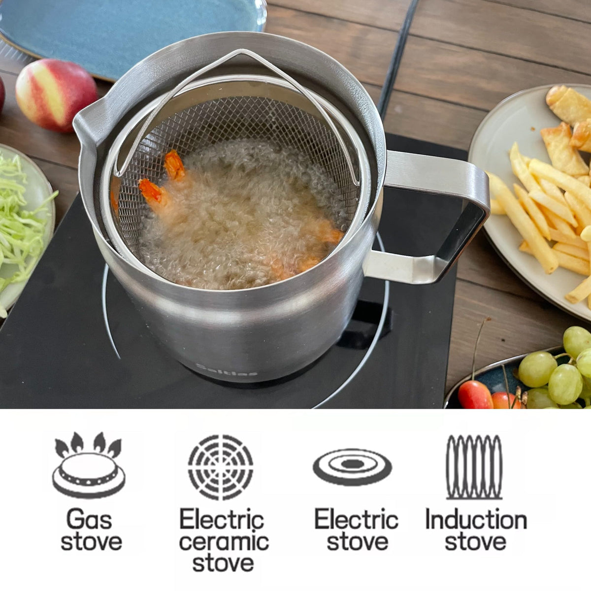 Saltlas induction-compatible deep fryer works with gas, electric, or induction.