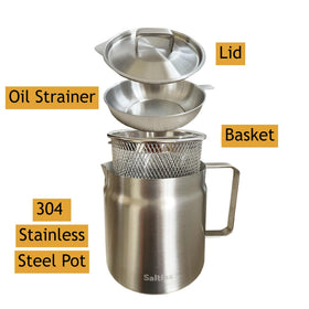 Saltlas oil strainer with lid helps reuse oil and reduce splatter.