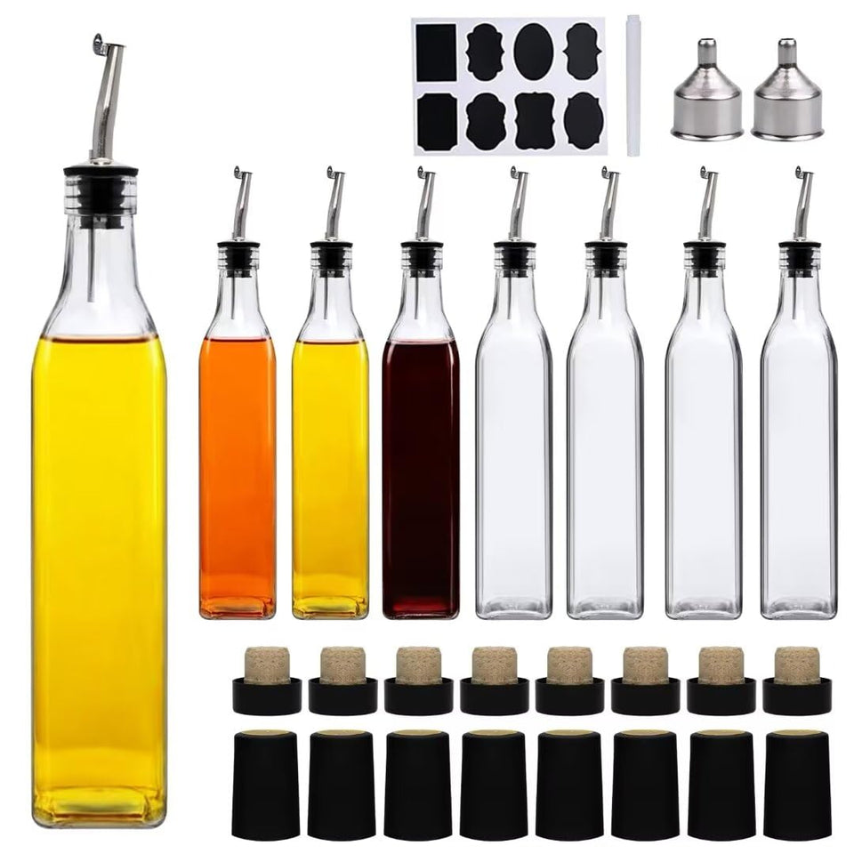 Salzesfalls 8-pack olive oil dispensers neatly arranged for organized seasoning.