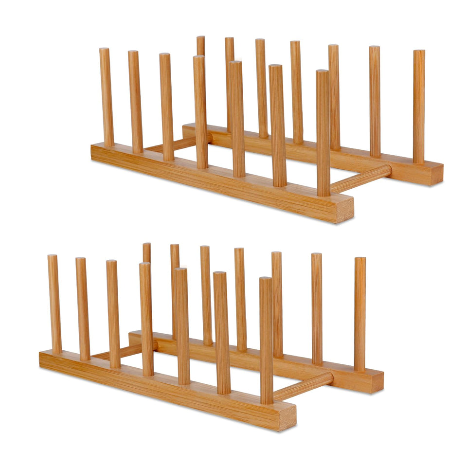SAMEBUTECO bamboo dish rack vertical plate stand 2-pack keeps plates upright for drying